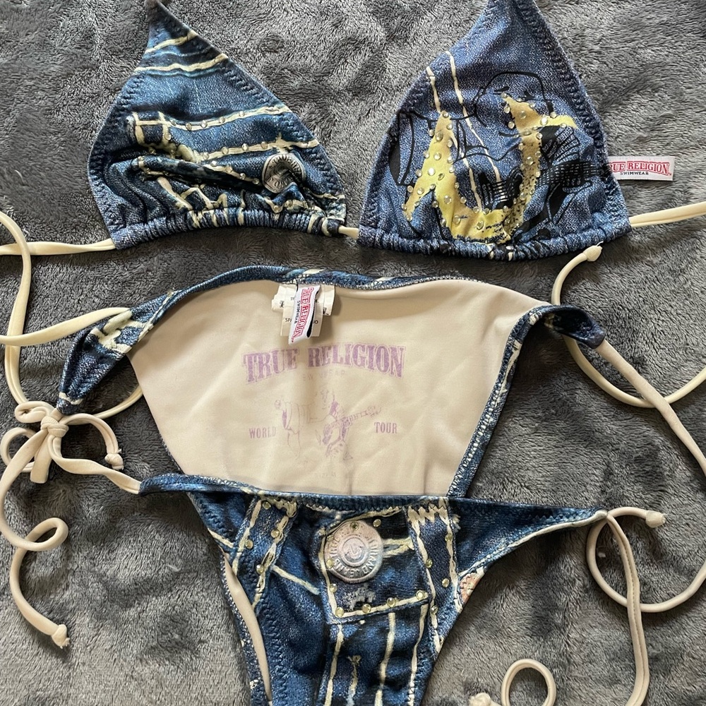 True Religion Blue and Yellow Denim Bikini Set